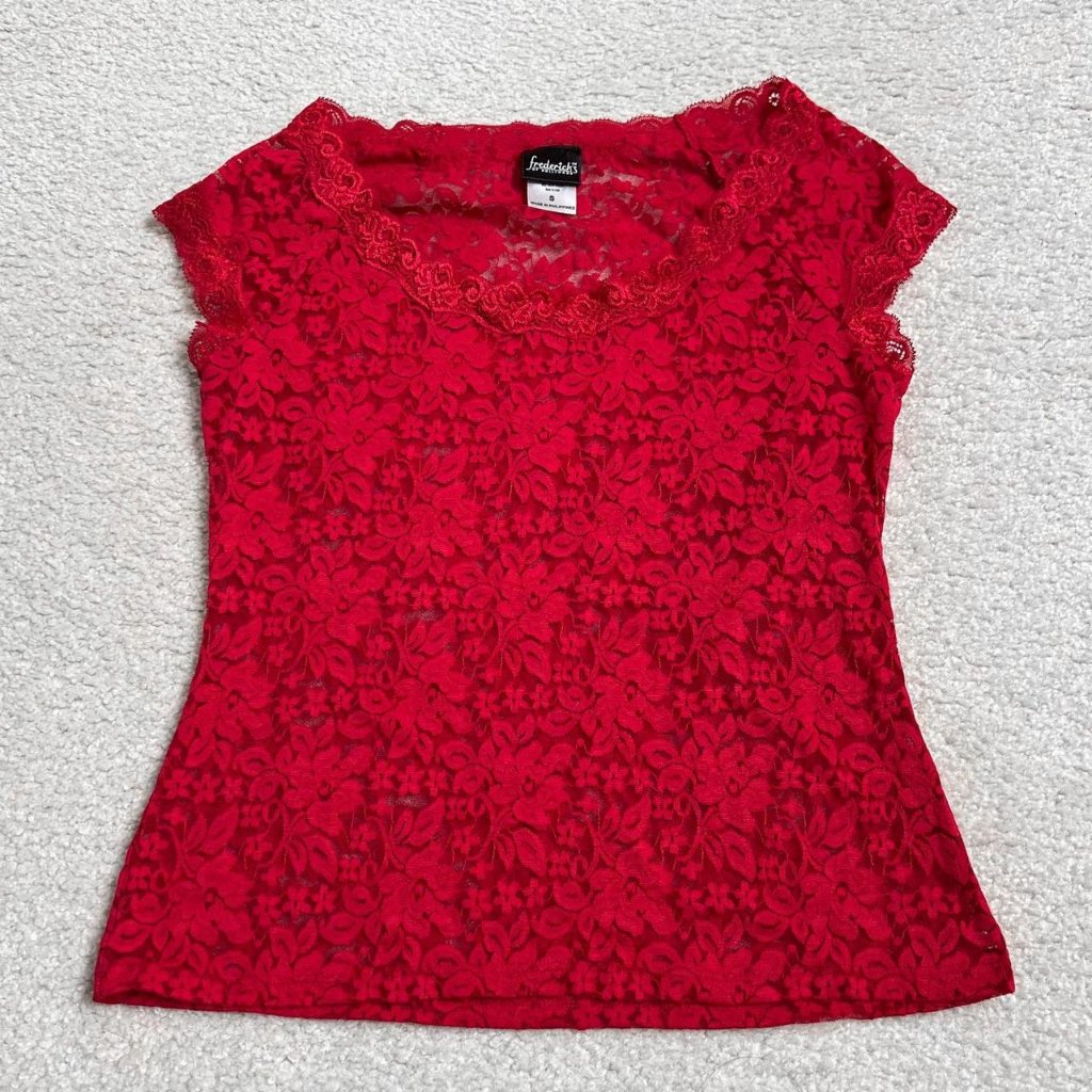 Vintage Y2k Fredericks Of Hollywood Red Lace Sheer Tshirt